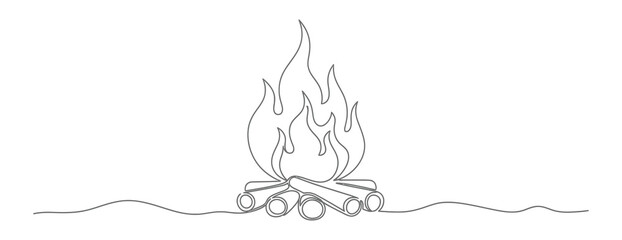 Continuous Line Art of Bonfire with Burning Flame and Wood on Transparent