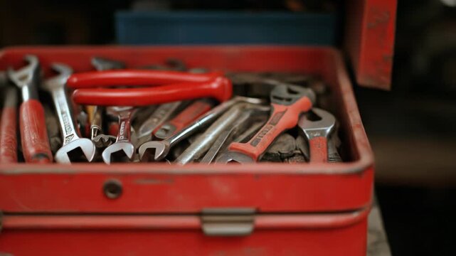 Hand reaching for wrench in red toolbox full of metal construction repair instruments