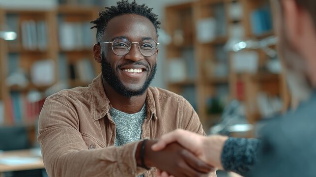 Diversity handshake between african american man and caucasian man inside office signifying agreement and success