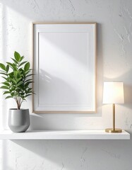 Minimalist Interior Design with Blank Frame Plant and Lamp on Shelf.