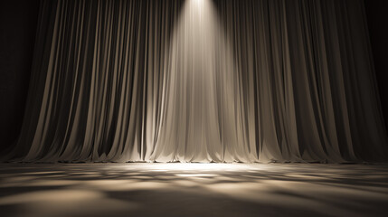Theater curtain rises on an empty stage under a single dramatic spotlight. event programs, museum guides, designed for cultural heritage projects and event programs.