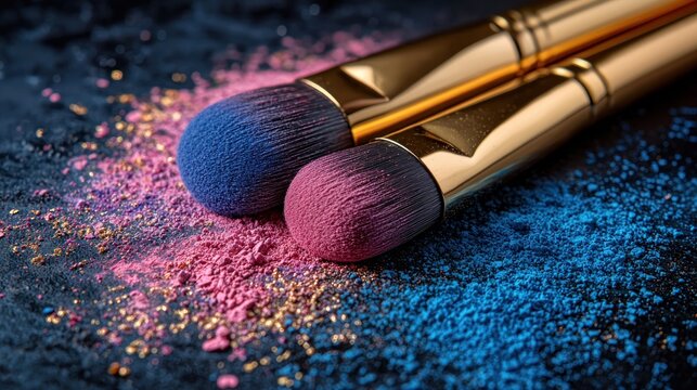 Two makeup brushes with colorful powder scattered on a dark surface close-up
