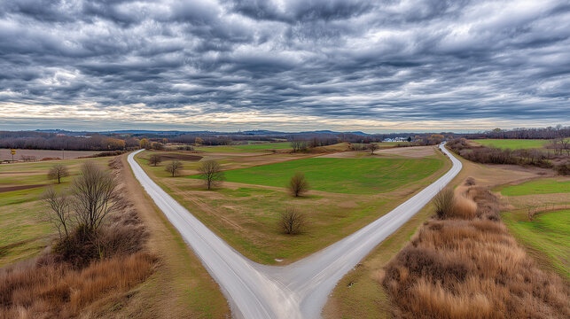 divergence. A symbolic fork in the road with two diverging paths under a dramatic sky, representing choices. wellbeing guides, coaching materials, designed for coaching and self-improvement content.
