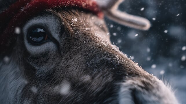 Portrait r&eacute;aliste de renne avec bonnet de No&euml;l sous la neige