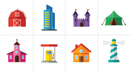 Colorful flat icons of buildings and structures for infographics