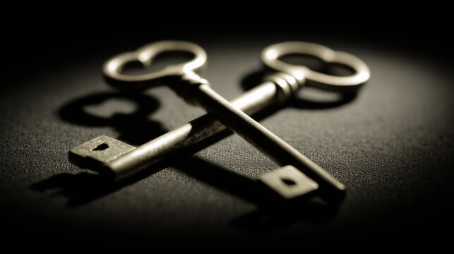 Two antique skeleton keys crossed on a dark textured background with dramatic shadows. lifestyle magazines.
