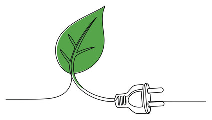 Continuous Line Drawing Green Leaf Connected to an Electrical Power Plug on White