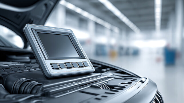 Diagnostic scanner or tablet placed on a car with an open hood in a modern service center. Concept of auto diagnostics and maintenance technology.