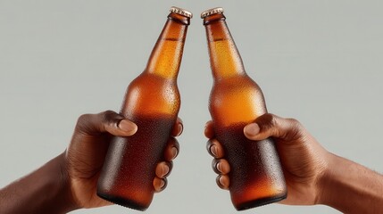 Hands holding cold brown beer bottles, getting ready to clink them together in a celebration, friendship or teamwork in studio