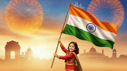 video of a young indian girl in traditional dress holding national flag, celebrating republic day with delhi landmarks and a festive sky at sunrise.