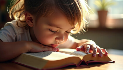 Child reading a book with focus and curiosity surrounded by sunlight indoors with copy space