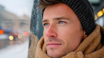 Young man in wool coat and beanie standing beside glass bus shelter on a cold day
