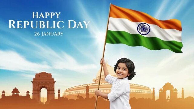 video of young indian child proudly holding the national flag on republic day, with iconic landmarks symbolizing india's heritage and bright future under a clear sky.