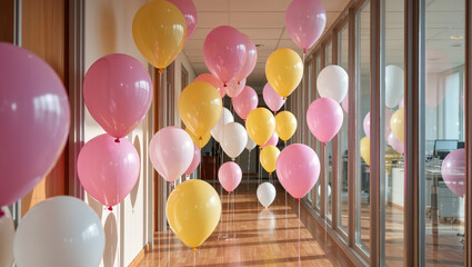 Brightly colored pink, yellow, and white balloons decorating an office hallway with glass walls