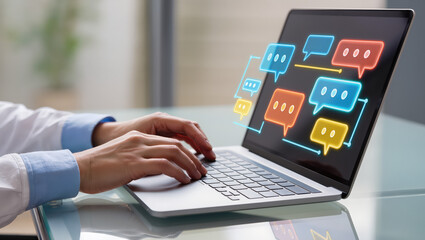 Person typing on laptop with vibrant digital chat bubbles symbolizing online communication and social media interaction