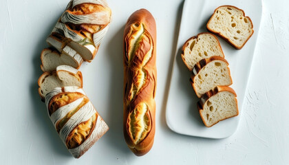 Top view of assorted french baguettes and sliced bread on white background with copy space