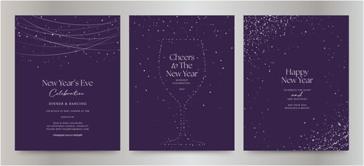 Elegant New Year’s Eve Celebration Invite Poster Banner Vector Templates with Starry Sky, Sparkling Confetti, and Champagne Glass Outline
