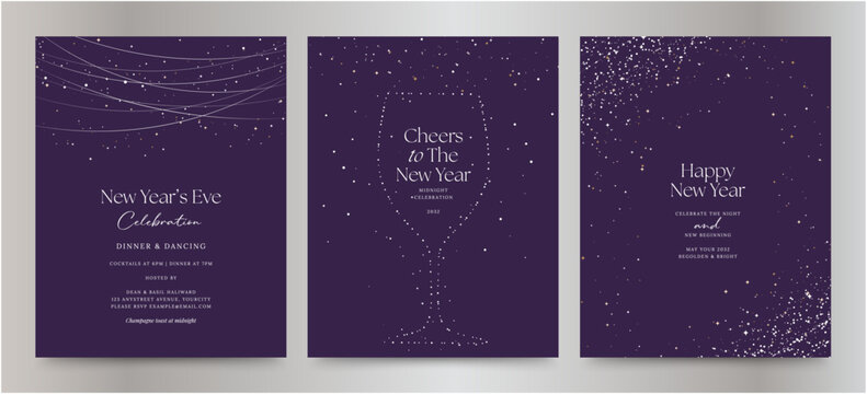 Elegant New Year’s Eve Celebration Invite Poster Banner Vector Templates with Starry Sky, Sparkling Confetti, and Champagne Glass Outline - Powered by Adobe