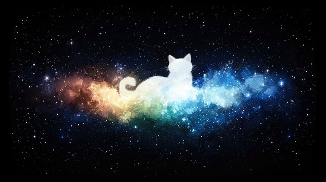 A white cat silhouette rests on a vibrant, colorful nebula amidst a dark, star-filled sky, creating a cosmic scene.
