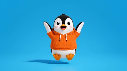 Cute Penguin Character Wearing Orange Hoodie, Arms Raised, Cheerful, Isolated on Blue Background suitable for entertainment, children's books, and musical events