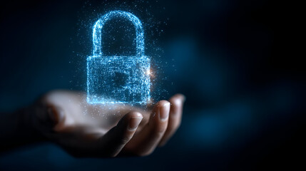 A digital lock symbolizing security and protection held gently in a hand against a dark, mystical background.