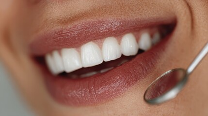 Obraz premium Close Up on Woman's Mouth with Glossy Pink Lips and Perfect White Teeth being Examined at a Dentist's Office in New York