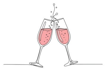 Continuous line drawing Two flutes toasting with pink liquid and bubbles isolated