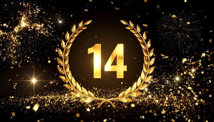 14th Anniversary Celebration Gold Laurel Wreath and Glitter　14周年記念のお祝いのイメージ　黒背景に金色の月桂冠に包まれた数字の14と輝くパーティクル
