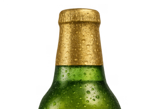 Cold sparkling wine bottle with golden foil cap, covered in condensation for celebration on transparent background