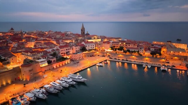 Aerial view of evening seaside fortress, scenic drone footage captures italian coast fortress during sunset evening. Algero
