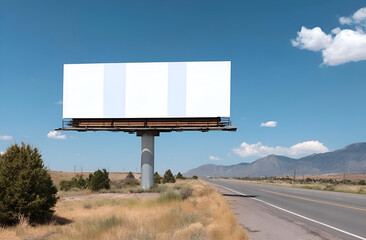 A blank billboard stands along a rural roadside under a clear blue sky, inviting creativity and potential advertising ideas.