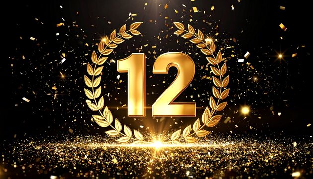 12th Celebration Background with Gold Wreath and Confetti Shower　12周年記念のお祝いのイメージ　黒背景に豪華な金色の月桂冠と数字の12と輝く粒子　デジタルイラスト