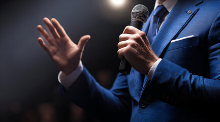 A confident speaker gestures passionately while holding a microphone, captivating the audience during an impactful presentation.