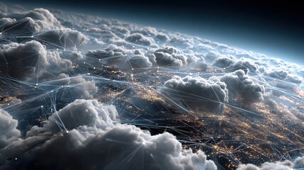 Cloud technology and digital network showing data analysis and complex connections