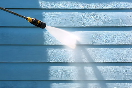 A close-up of a pressure washer cleaning a blue wooden surface, showcasing the power of effective cleaning methods.