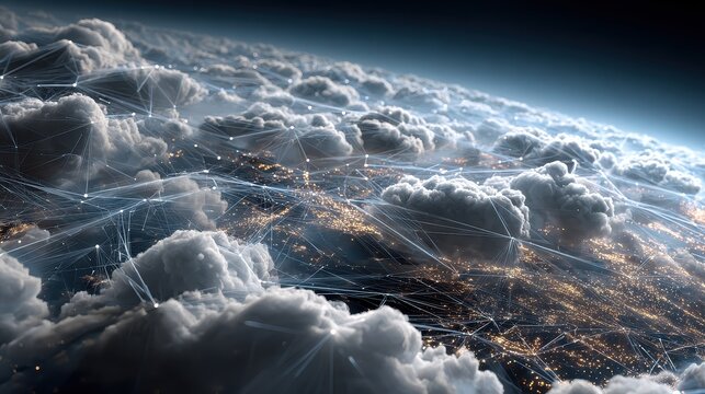 Cloud technology and digital network showing data analysis and complex connections