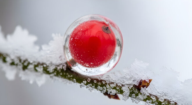 Single bright red berry encased in ice on a frost covered branch in winter