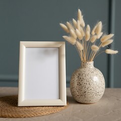 Empty photo frame next to a decorative vase with dried flowers