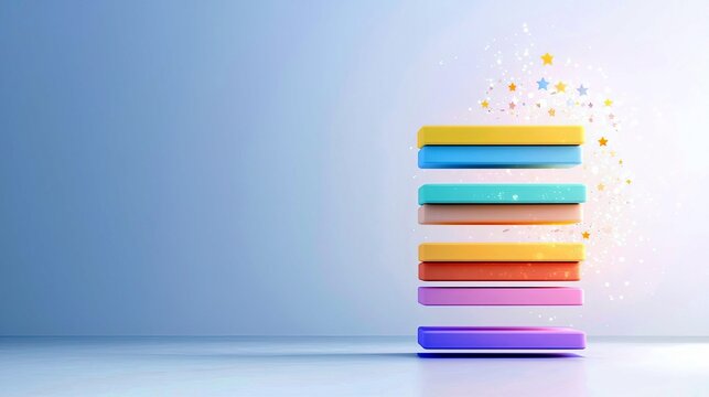 A stack of seven colorful, rectangular bars is arranged vertically, with sparkling stars and confetti floating above.