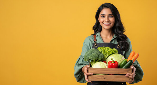 An Indian woman in a green apron holds a wooden basket filled with fresh vegetables against a vibrant yellow background