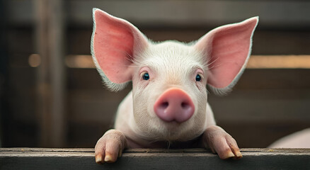 A curious piglet peeks over a wooden fence, showcasing its adorable features and playful spirit in a rural farm setting.