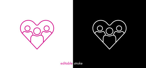 Editable stroke heart with patient persons icon vector design to use for healthcare, healthy lifestyle, healthy family, medical laboratory, cardiology project.