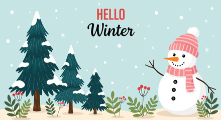 Hello Winter Winter illustration Snowman vector Winter landscape