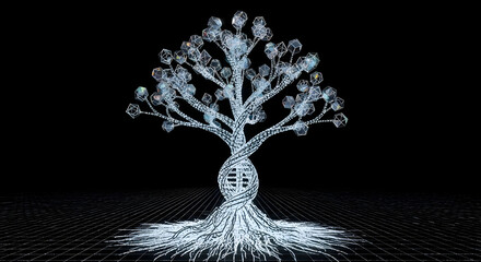 Abstract digital tree of life with dna helix trunk and glowing roots on black background