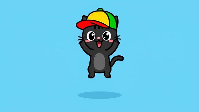 Cute Black Cat Character Wearing Colorful Cap Jumping Joyfully on Blue Background suitable for entertainment, children's books, and musical events	