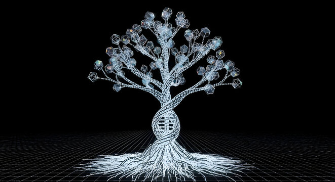 Abstract digital tree of life with dna helix trunk and glowing roots on black background