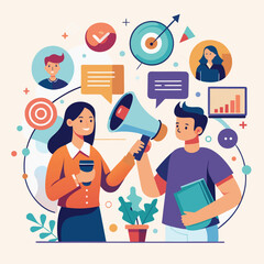 Conceptual illustration of two individuals engaged in active conversation symbolizing teamwork and collaborative communication in a professional setting