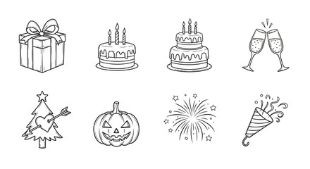 Festive icons: celebrations with cake, gifts, and holiday symbols in black and white line art