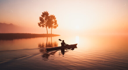 A solitary kayaker glides across serene waters at dawn, a silhouette against a breathtaking sunrise, encapsulating tranquility and the allure of adventure.