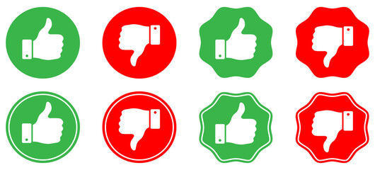 Set of thumb up and thumb down rating symbols showing approval and rejection. Includes bold hand signs for feedback, review, rating, vote, positive, thumb, hand, like, dislike, vector, icons.